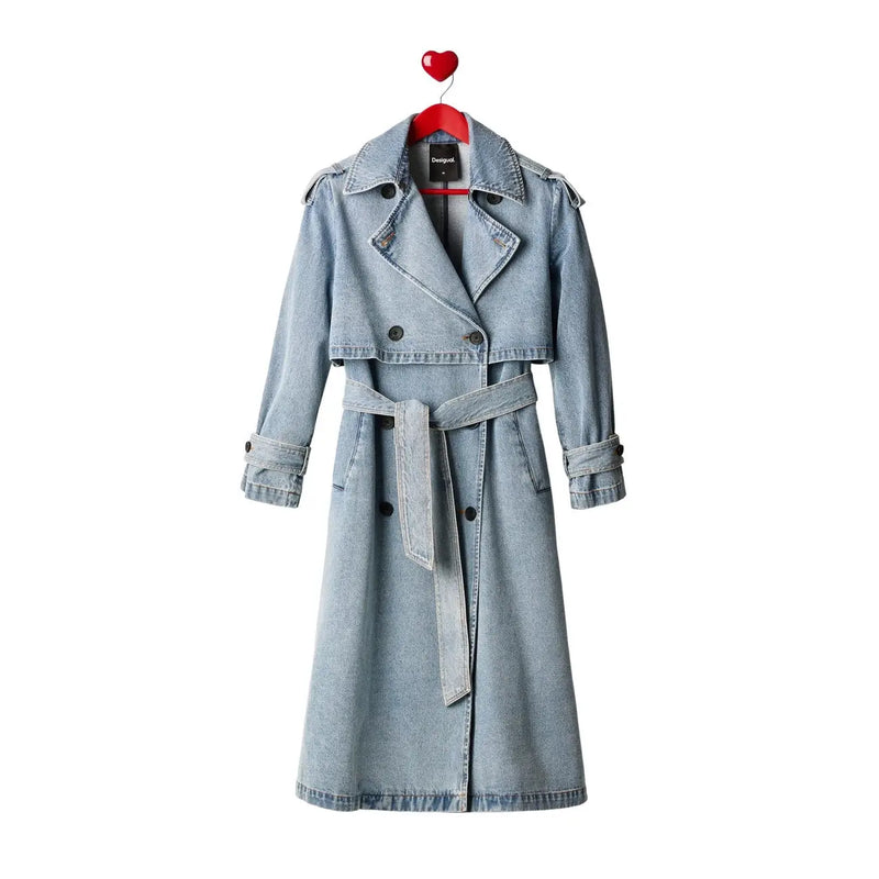 Desigual women light blue cotton denim trench coat with belted waist and classic double-breasted front