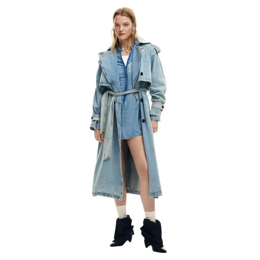 Desigual hellblauer Trenchcoat-Blazer aus Baumwolle mit Gürtel und asymmetrischem Saum