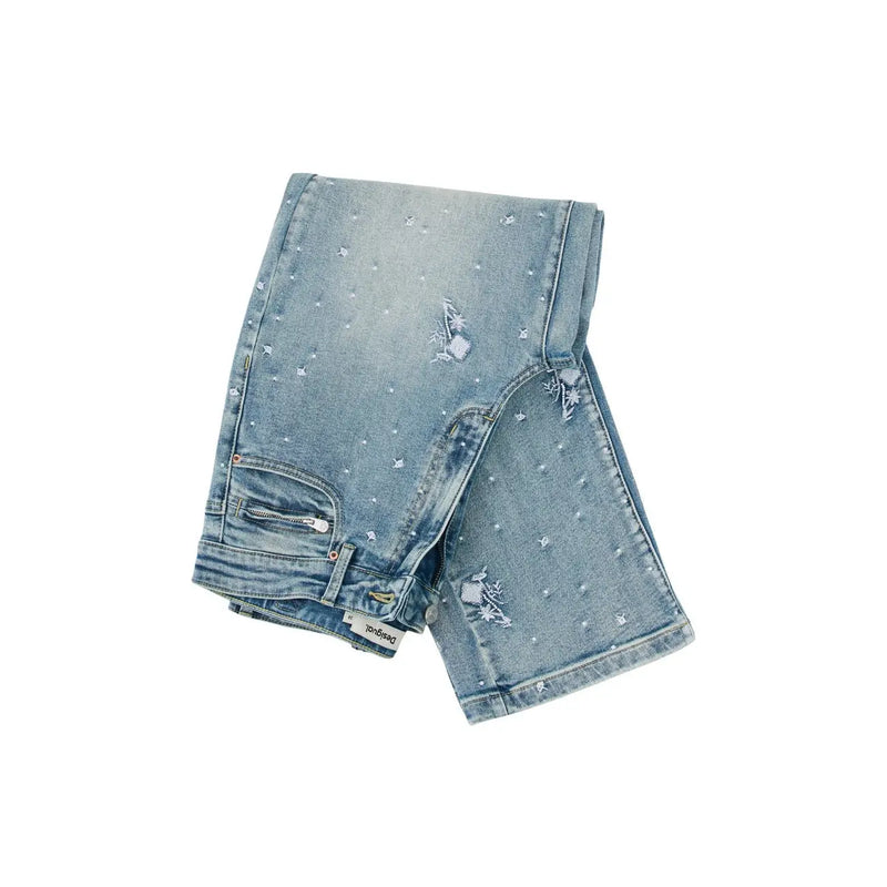 Desigual Damen-Jeans aus hellblauem Baumwoll-Stretch mit Used-Look-Sternenmuster, dezenter Stickerei und gewollten Rissen