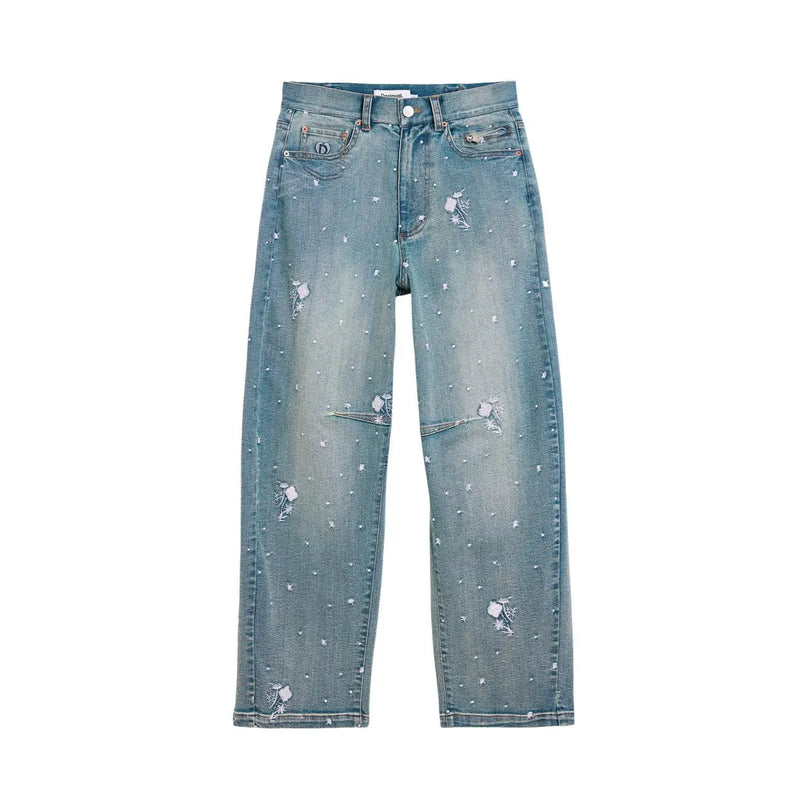 Desigual Damen-Jeans aus hellblauem Baumwoll-Stretch mit Used-Look-Sternenmuster und dezenten weißen Verzierungen