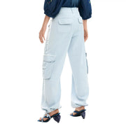 Desigual Damen-Cargohose aus hellblauer Baumwolle mit Schnürung, mehreren Taschen und bequemer, schmal zulaufender Passform