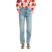Desigual Damen-Jeans aus hellblauem Baumwoll-Denim mit Blumenmuster, geradem Bein und Fünf-Taschen-Design.