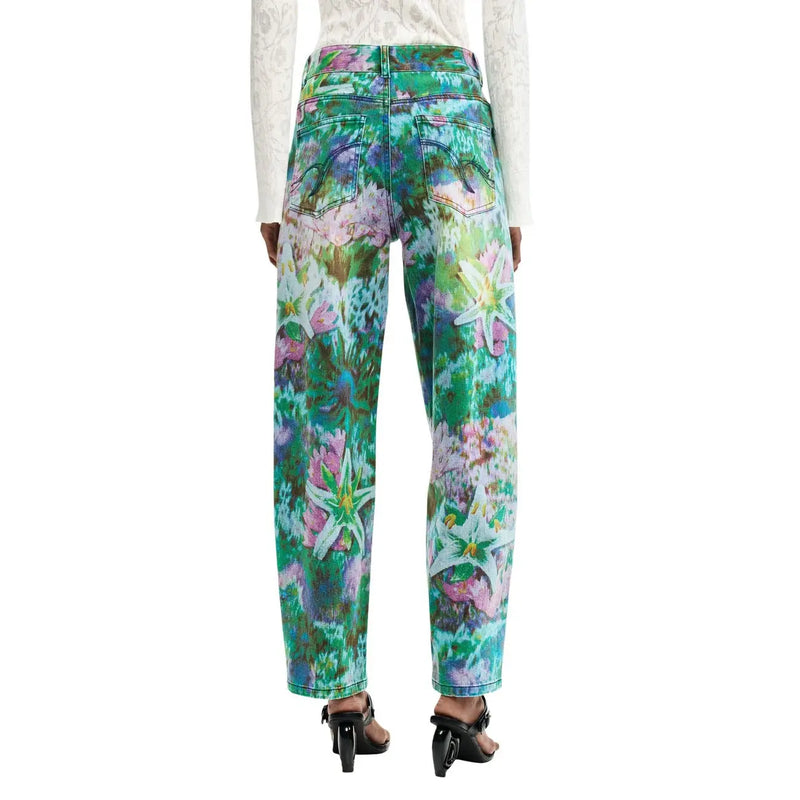 Desigual Damen-Jeans aus hellblauem, geblümtem Baumwollgewebe mit weitem Bein in den Farbtönen Türkis, Rosa und Weiß mit lebendigem Denim-Material