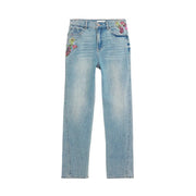 Desigual Damen-Jeans aus hellblauer Baumwolle mit heller Waschung und farbenfroher Blumenstickerei auf den Vordertaschen
