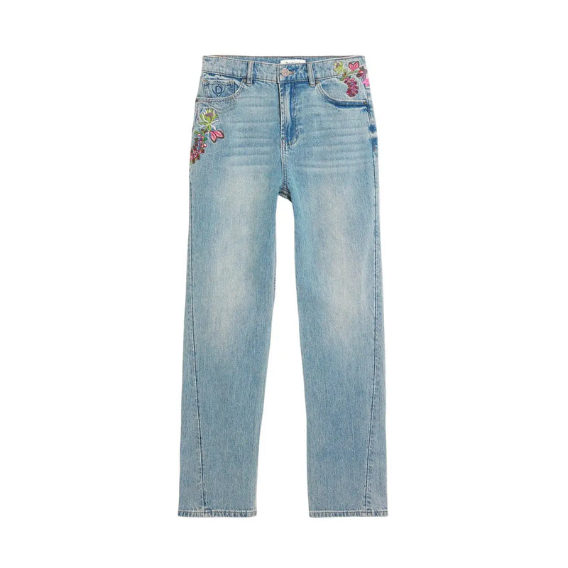 Desigual Damen-Jeans aus hellblauer Baumwolle mit heller Waschung und farbenfroher Blumenstickerei auf den Vordertaschen