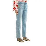 Desigual Damen-Jeans aus hellblauer Baumwolle mit heller Waschung und farbenfrohem, gesticktem Blumenapplikation auf der rechten Vordertasche