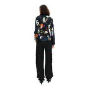 A dark navy viscose blazer with vibrant orange pink and white abstract floral pattern for women by Desigual