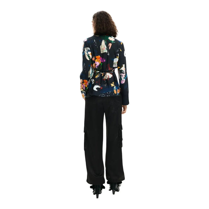 A dark navy viscose blazer with vibrant orange pink and white abstract floral pattern for women by Desigual