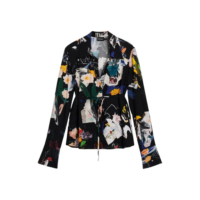 Black dsquared2 blazer with vibrant abstract floral print in yellow white green and blue paired with desigual women long floral viscose v neck shirt black