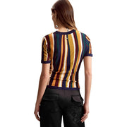 Desigual women mustard striped viscose t shirt featuring vibrant multicolored stripes short sleeves and ribbed neckline