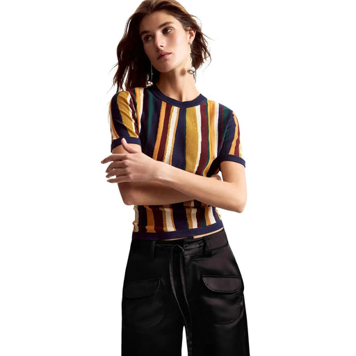Desigual women mustard striped viscose round neck t shirt with bold vertical mustard yellow navy blue and brown stripes