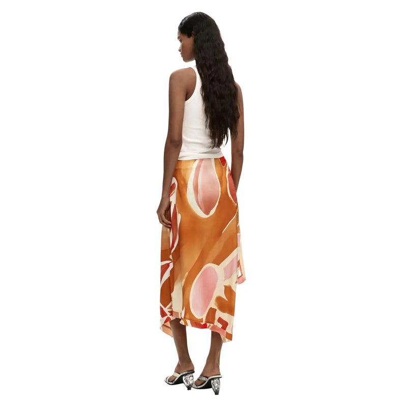 Desigual women orange viscose midi skirt with vibrant orange pink abstract pattern and white accents for spring summer