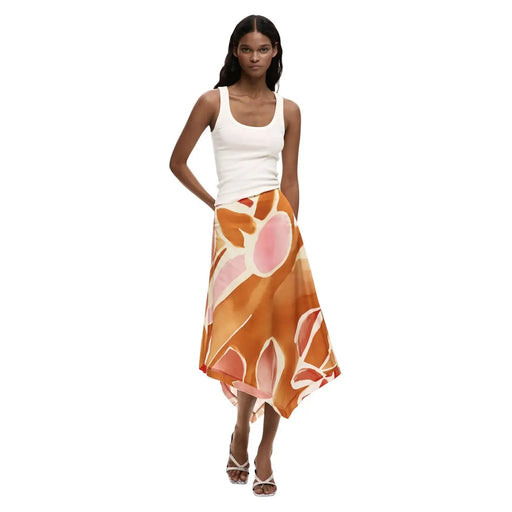 Desigual Damenrock aus orangefarbenem Viskose mit fließendem, asymmetrischem Design und leuchtend pinkfarbenem, abstraktem Blumenmuster für Frühling und Sommer
