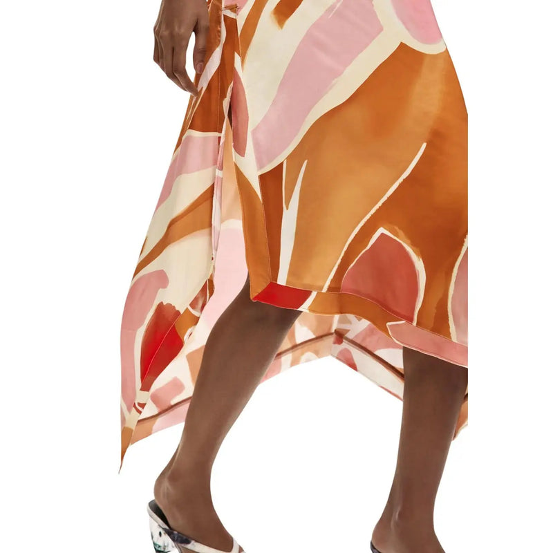 Desigual women orange viscose skirt with flowing asymmetrical design in vibrant orange pink and cream abstract pattern