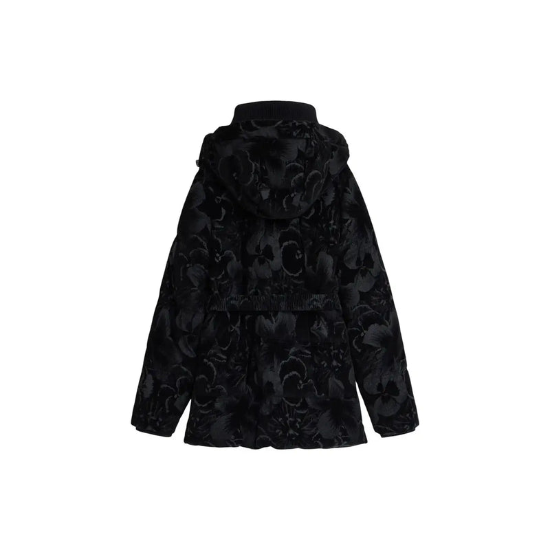 Desigual Damen-Steppjacke aus schwarzem, floralem Polyester mit Kapuze und Taillengürtel für stilvolle Wärme