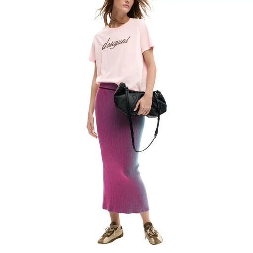 Black leather crossbody bag with subtle logo detail paired with desigual women pink cotton round neck short t shirt
