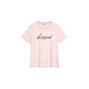 A soft pink cotton round neck short sleeve t shirt for women featuring the Desigual brand name in sparkling cursive