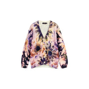 Desigual Damen-Strickpullover aus rosafarbenem Baumwollstrick mit Blumenmuster und zartem pastellfarbenem Cardigan mit leuchtend lila und orangen Blüten