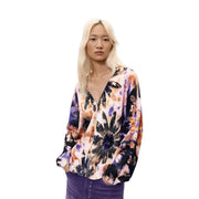 Desigual Damen-Strickpullover aus rosafarbenem Baumwollstrick mit Blumenmuster und einem lebhaften, langärmeligen Batikmuster in Rosa, Lila und Schwarz