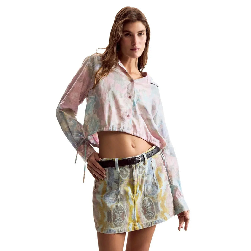 Desigual women pink long floral cotton shirt classic fit with pastel tie-dye cropped long sleeves and button front