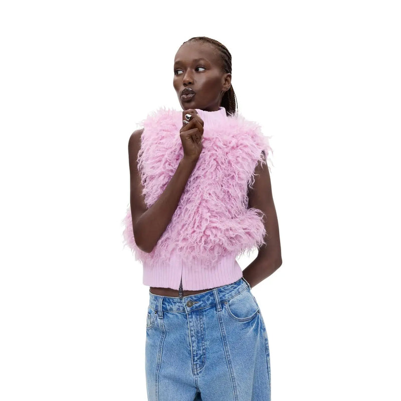 Desigual Damen-Winterweste aus rosafarbenem Polyester, ärmellos, mit Federbesatz und geripptem Strickbund.