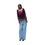 Desigual Damen-Strickpullover aus lila Viskose mit Farbverlauf von Lila zu Grün, olivgrünen Bündchen und dezentem Logo am Ärmel
