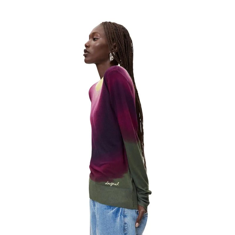 Desigual Damen-Strickpullover aus lila Viskose mit sanftem Farbverlauf von Lila zu Grün und aufwendiger Stickerei am Saum