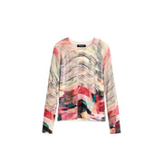 Desigual Damen-Strickpullover aus rotem Viskosemischgewebe mit langen Ärmeln und lebhaften abstrakten rosa-rot-schwarz-cremefarbenen Wirbeln auf transparentem Stoff