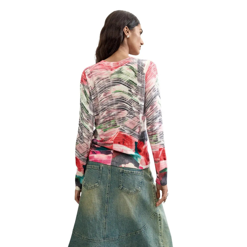 Desigual Damen-Strickwaren, rot, langärmelig top mit einem lebendigen abstrakten Muster in Pink, Grün und Schwarz aus Viskosemischung