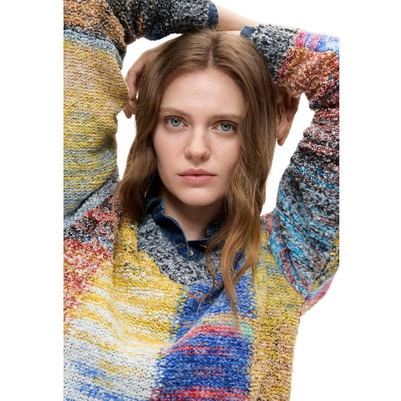 Desigual Damenpullover aus rotem Wollmischgewebe mit einem lebhaften, mehrfarbigen Strickmuster in Gelb, Blau, Rot und Grau