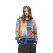 Desigual Damen-Strickpullover aus rotem Wollmischgewebe mit lebhaftem, mehrfarbigem Patchwork und strukturiertem, flauschigem Stoff