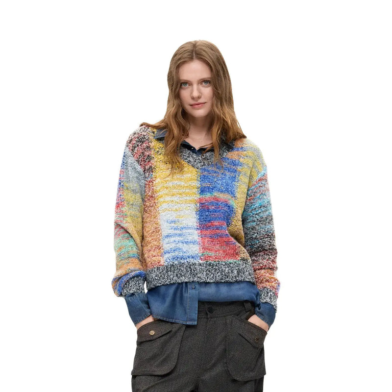 Desigual Damen-Strickpullover aus rotem Wollmischgewebe mit lebhaftem, mehrfarbigem Patchwork und strukturiertem, flauschigem Stoff