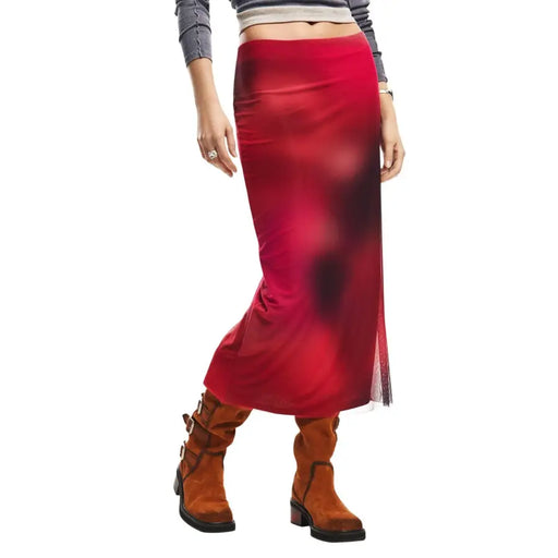 Desigual Damen-Midirock aus rotem Polyester-Satin mit burgunderfarbenem Farbverlauf und Mesh-Überzug