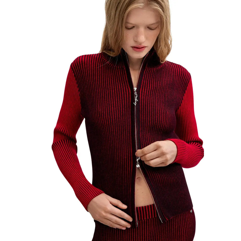 Desigual Damen-Strickjacke in Rot, schmal geschnitten, gerippt, mit Reißverschluss und hohem Kragen aus Viskosemischgewebe