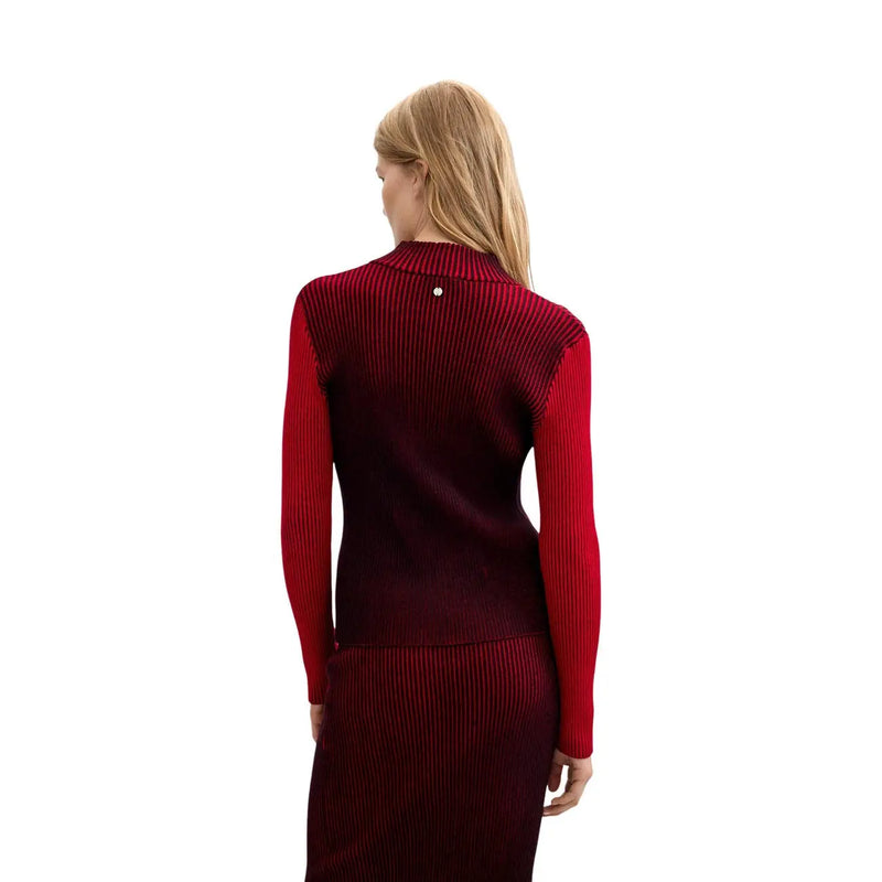 Desigual Damen rotes, schmal geschnittenes, geripptes Strickoberteil aus Viskosemischung mit langen Ärmeln top mit burgunderfarbenem Farbverlauf und metallischem Knopf am Halsausschnitt