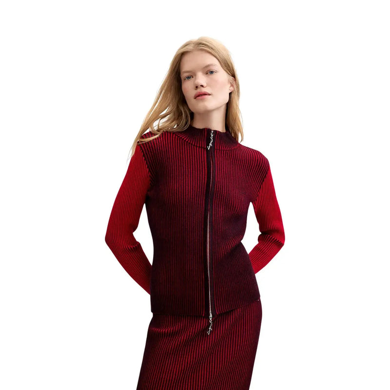 Desigual Damen rote, schmal geschnittene Rippstrickjacke mit Reißverschluss top mit langen Ärmeln, hohem Kragen und Viskosemischgewebe