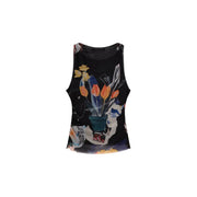 Schwarzes ärmelloses top von Desigual mit einem Design aus leuchtenden orangefarbenen und gelben Tulpen im Collage-Stil in einer türkisfarbenen Vase