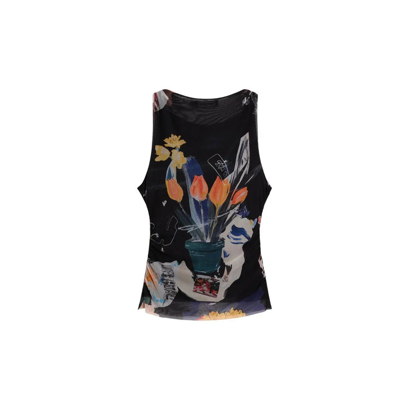Schwarzes ärmelloses top von Desigual mit einem Design aus leuchtenden orangefarbenen und gelben Tulpen im Collage-Stil in einer türkisfarbenen Vase