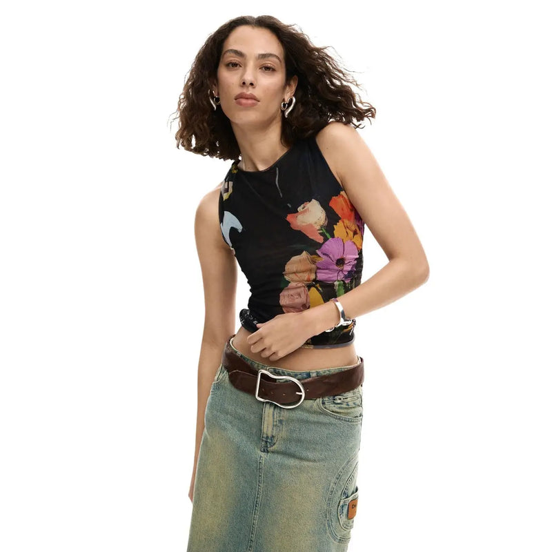 Desigual Damen ärmelloses florales top Schwarz mit leuchtend orangefarbenen, violetten und rosafarbenen Blüten auf dehnbarem Stoff