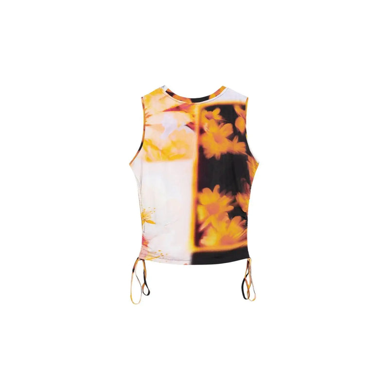Desigual Damen ärmelloses Viskose-Crop-Top top mit auffälligem Split-Panel-Design mit gelben Blumen auf weißem und schwarzem Hintergrund