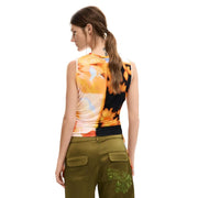 Desigual Damen ärmelloses Viskose-Top top mit einem auffälligen orange-schwarzen Blumenmuster, das in der Mitte geteilt ist