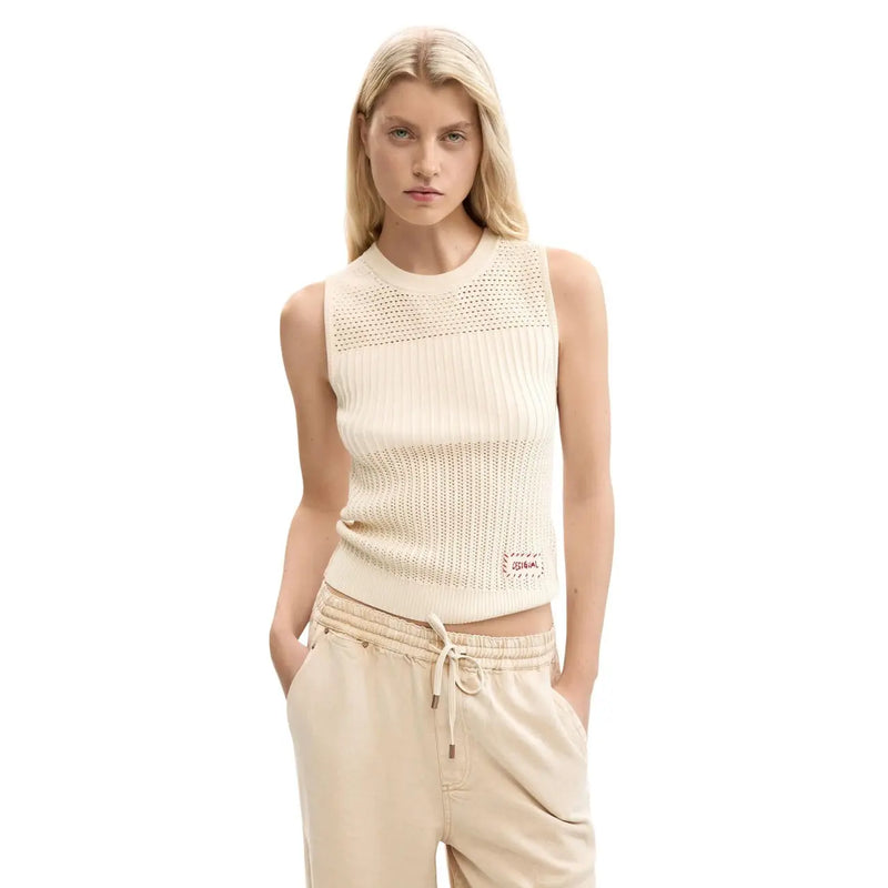Desigual Damen ärmelloses Rundhals-Top aus cremefarbener Rippstrick-Baumwolle, ärmellos top mit einem strukturierten, offen gestrickten Einsatz über der Brust