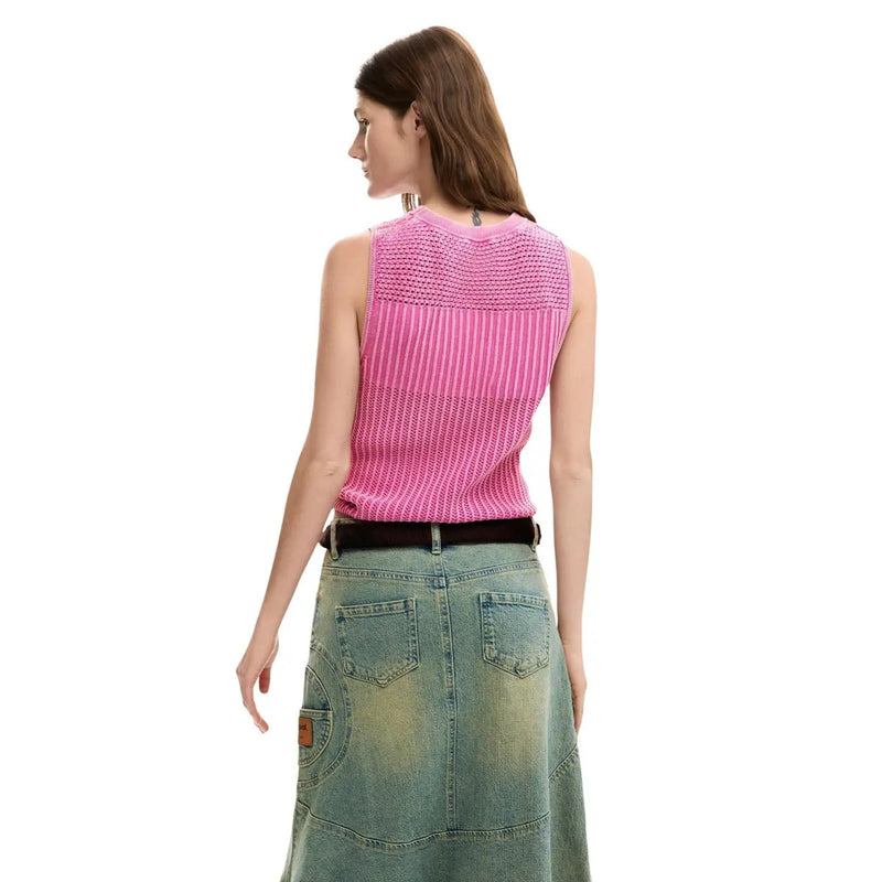 Desigual Damen ärmelloses Rundhals-Top in Fuchsia top Baumwollstrick mit Rippstruktur und leicht verkürzter Passform