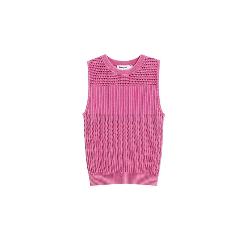 Desigual Damen ärmelloses Rundhals-Top aus fuchsiafarbener Baumwolle top mit Rippenstruktur und gehäkelten Halsausschnittdetails
