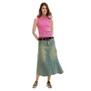 Desigual Damen ärmelloses Rundhals-Top aus gerippter Baumwolle, fuchsiafarben, gerippt top kombiniert mit einem Jeansrock in leuchtendem Pink