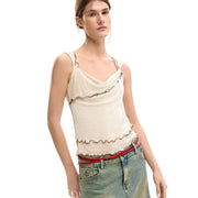 Cremefarbenes, strukturiertes Strick-Camisole mit Rüschenkanten und Ziernähten aus beigefarbener Viskose von Desigual top