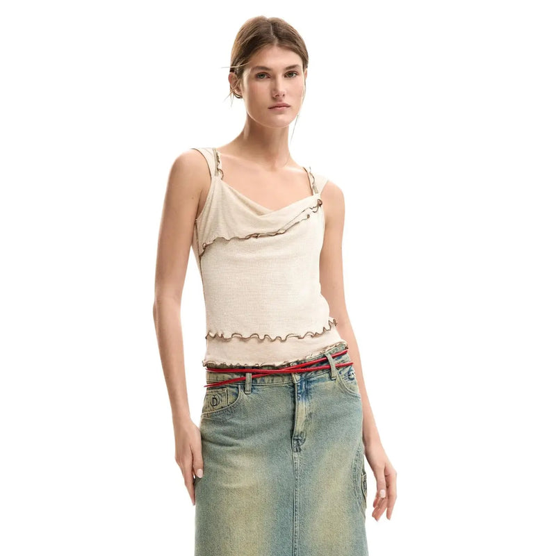 Ärmelloses, cremefarbenes Rippstrickkleid mit V-Ausschnitt top mit Rüschenbesatz aus Viskose von Desigual für Damen