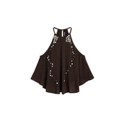 Desigual Damen braunes ärmelloses Lyocell-Top top mit schwarzem Neckholder und silbernem, quadratischem Pailletten-Dekormuster