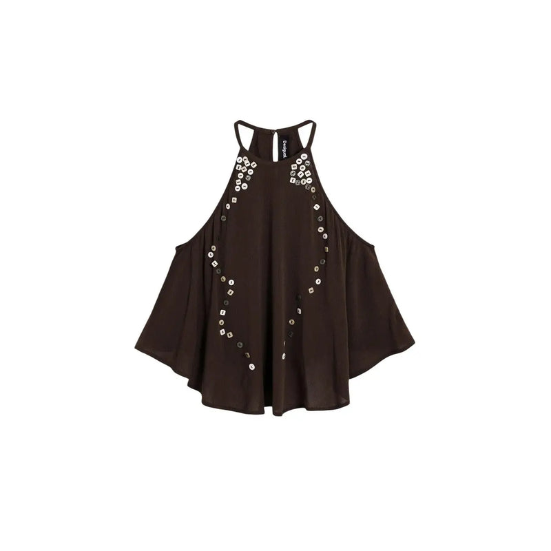 Desigual Damen braunes ärmelloses Lyocell-Top top mit schwarzem Neckholder und silbernem, quadratischem Pailletten-Dekormuster