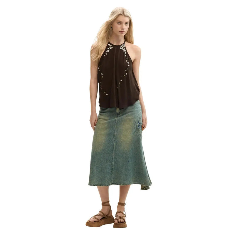 Desigual Damen braunes ärmelloses Lyocell-Top top mit Neckholder und silbernen Verzierungen entlang des Ausschnitts und der Seiten